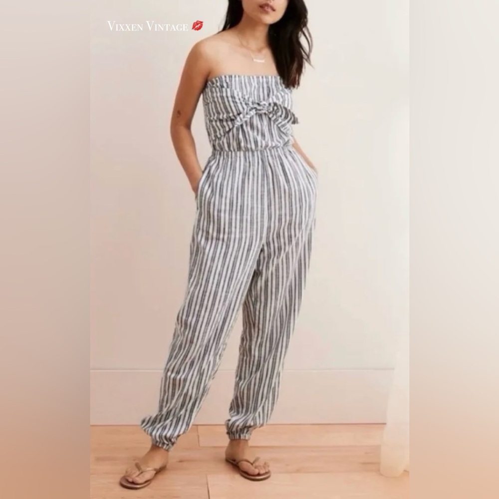 AERIE STRAPLESS TIE FRONT STRIPED JUMPSUIT